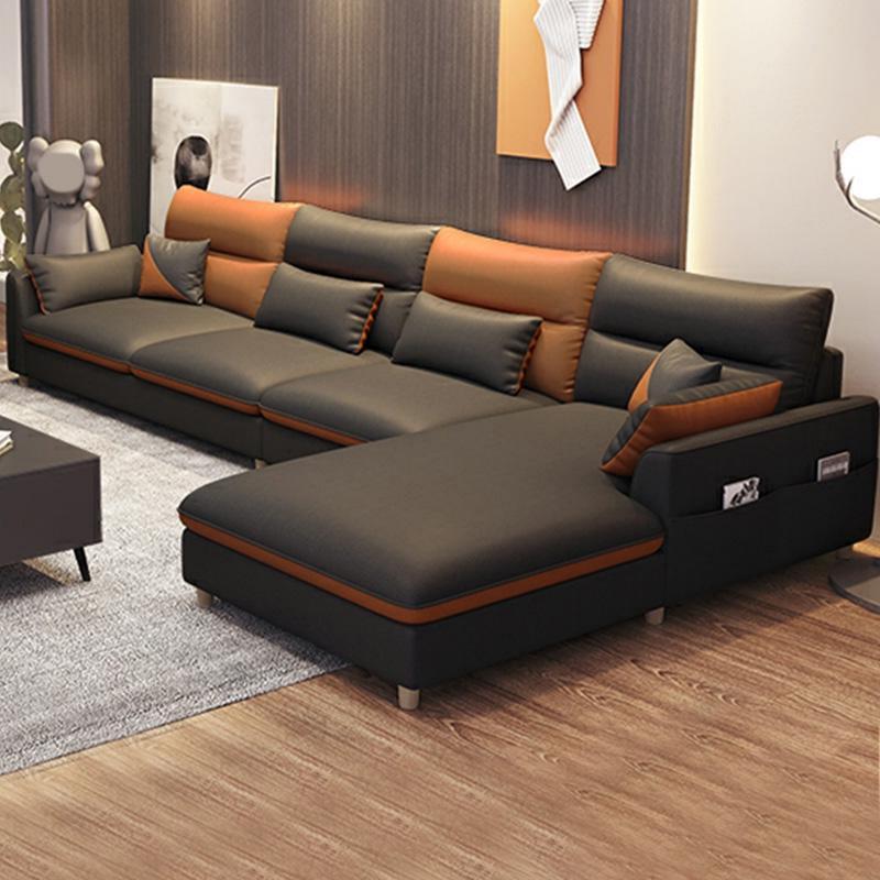 Contemporary Right Hand Facing Sofa & Chaise L-Shape Faux Leather Sofa