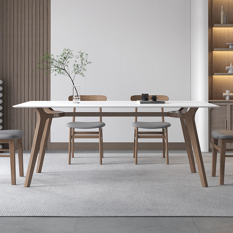 Sintered Stone Top White Table for Restaurant Modern Table with Wooden Base and 4 Legs