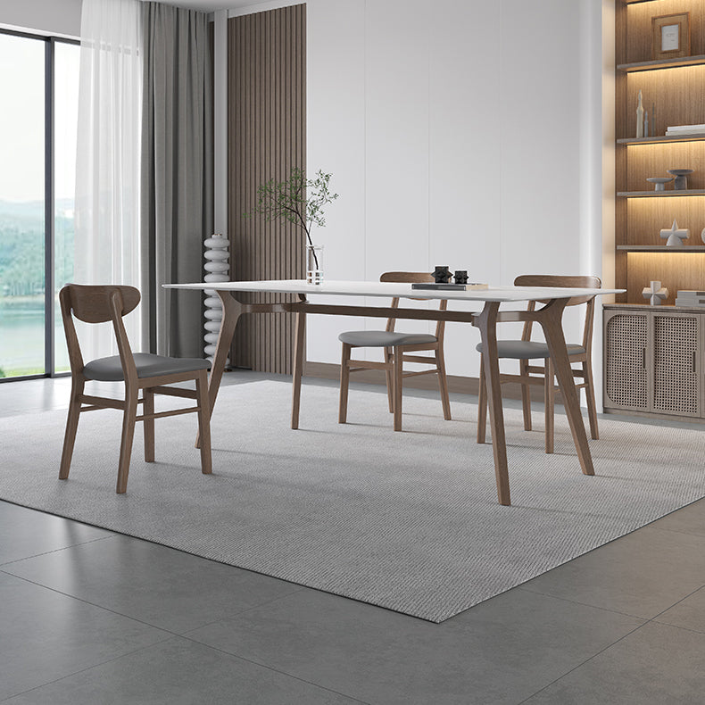 Sintered Stone Top White Table for Restaurant Modern Table with Wooden Base and 4 Legs