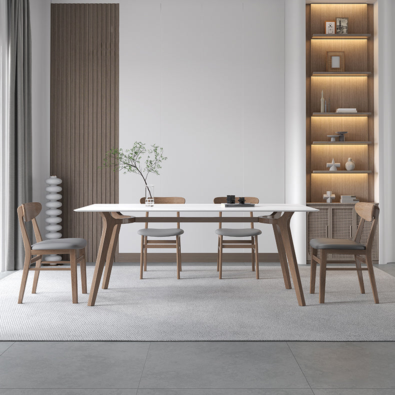 Sintered Stone Top White Table for Restaurant Modern Table with Wooden Base and 4 Legs