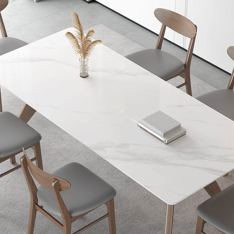 Modern Sintered Stone White Table Dining Table with Wooden Base and 4 Legs