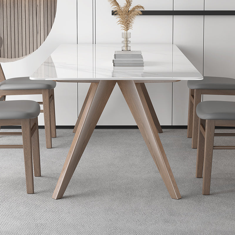Modern Sintered Stone White Table Dining Table with Wooden Base and 4 Legs