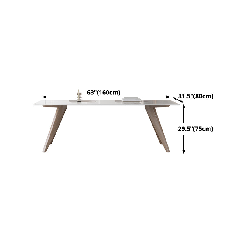 Modern Sintered Stone White Table Dining Table with Wooden Base and 4 Legs