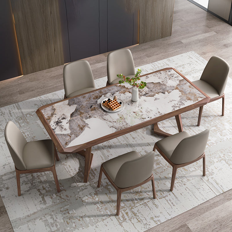 Modern Brown Finish Legs Dining Site Table Stone Top Double Pedestal Table