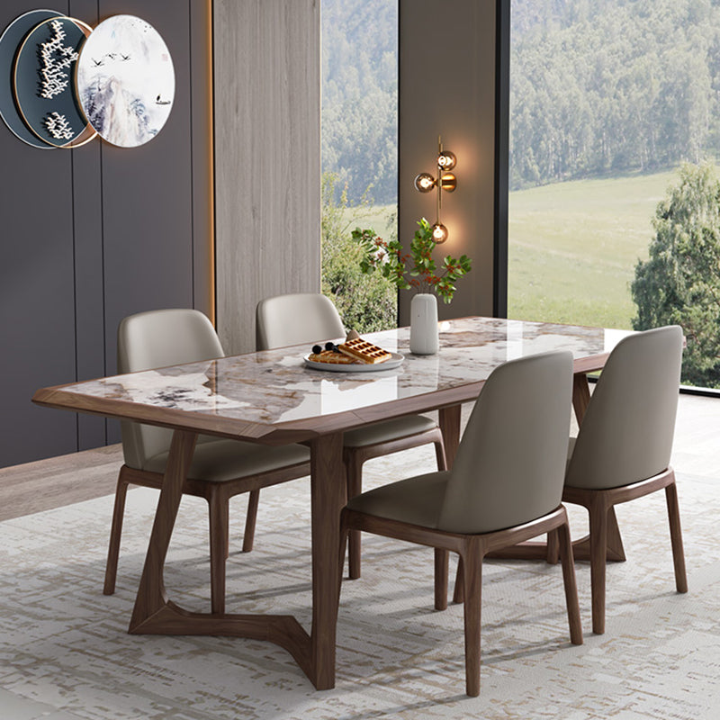 Modern Brown Finish Legs Dining Site Table Stone Top Double Pedestal Table