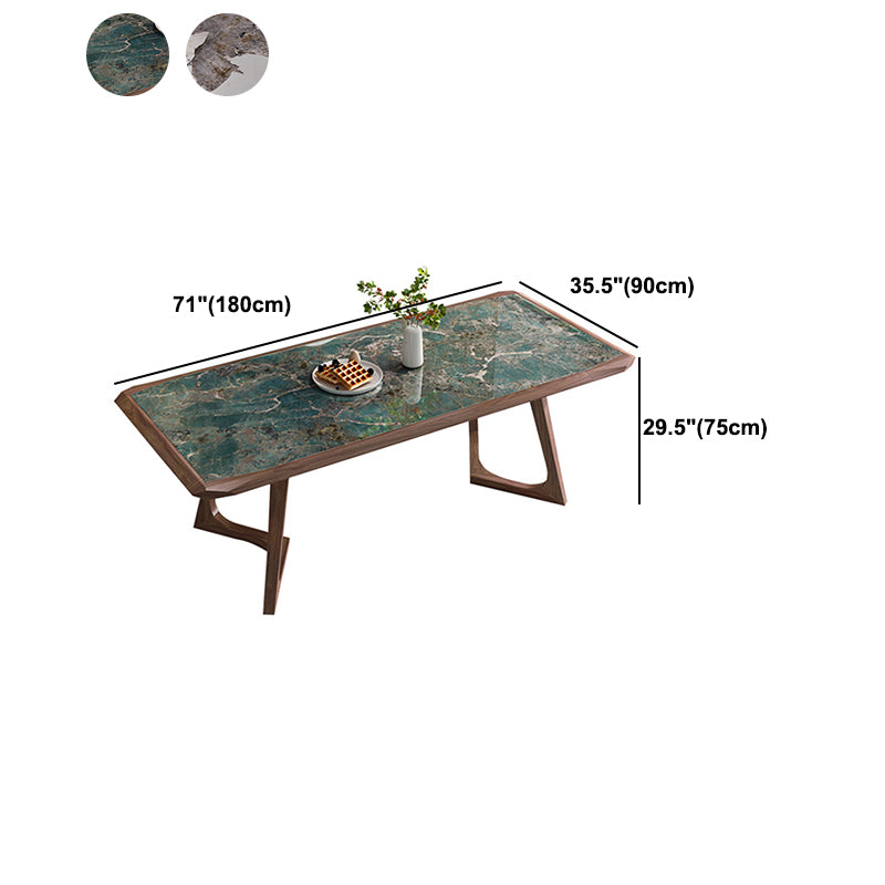 Modern Brown Finish Legs Dining Site Table Stone Top Double Pedestal Table