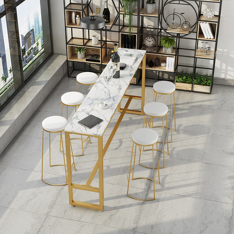 Stone Rectangle Bar Dining Table Contemporary Bar Table with Trestle Base in Gold
