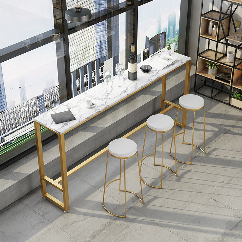 Stone Rectangle Bar Dining Table Contemporary Bar Table with Trestle Base in Gold