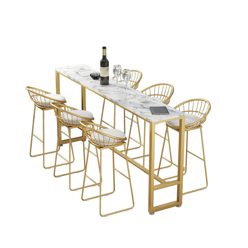 Stone Rectangle Bar Dining Table Contemporary Bar Table with Trestle Base in Gold