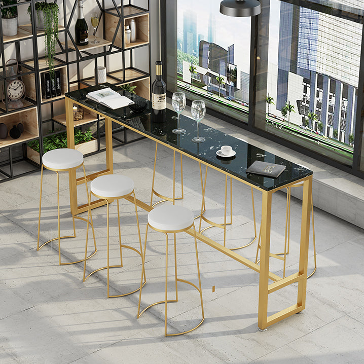 Stone Rectangle Bar Dining Table Contemporary Bar Table with Trestle Base in Gold