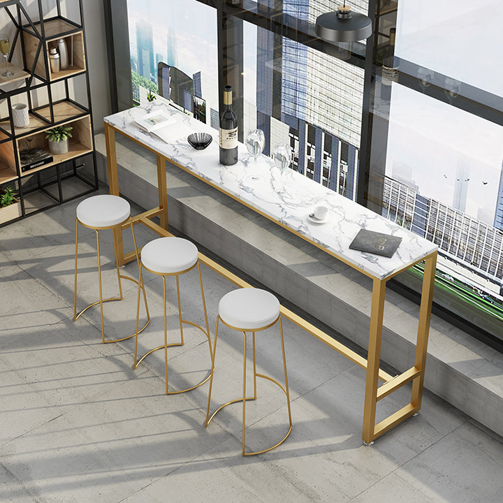 Stone Rectangle Bar Dining Table Contemporary Bar Table with Trestle Base in Gold