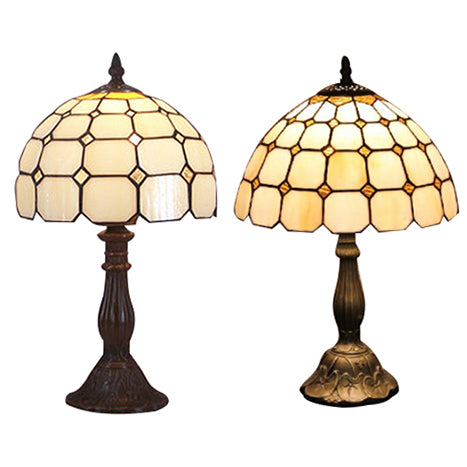 12"/8" Wide Lattice Bowl Office Desk Light with Bead Glass Single Light Tiffany Desk Lamp in White for Hotel