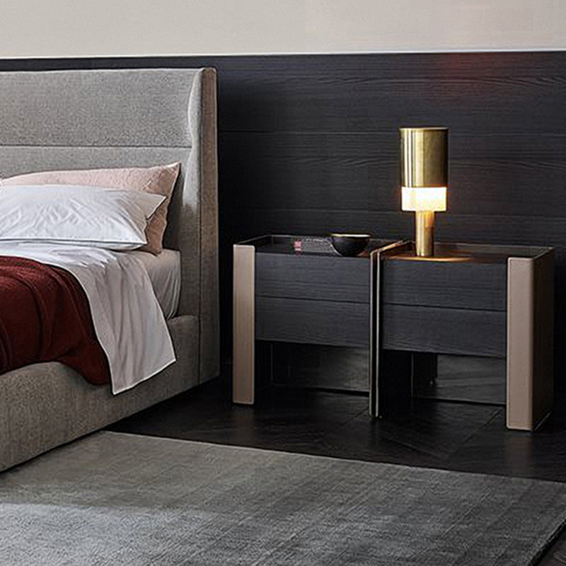 Modern Drawer Storage Night Table Solid Wood and Leather Bed Nightstand