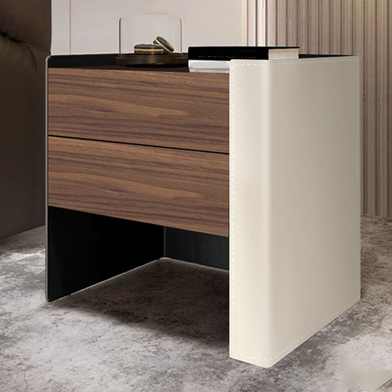Modern Drawer Storage Night Table Solid Wood and Leather Bed Nightstand