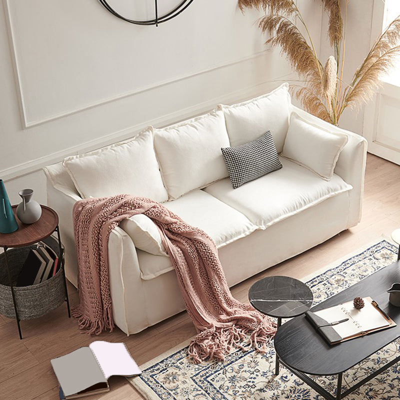 White Linen Contemporary Standard Square Arm Sofa for Living Room, Apartment