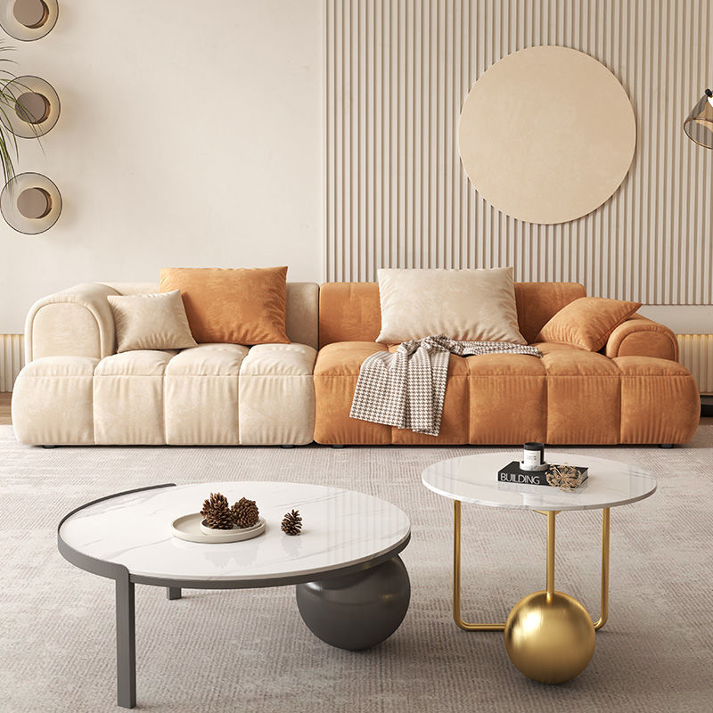 Contemporary Sewn Pillow Back Recessed Arm Sofa Couch in Orange/white