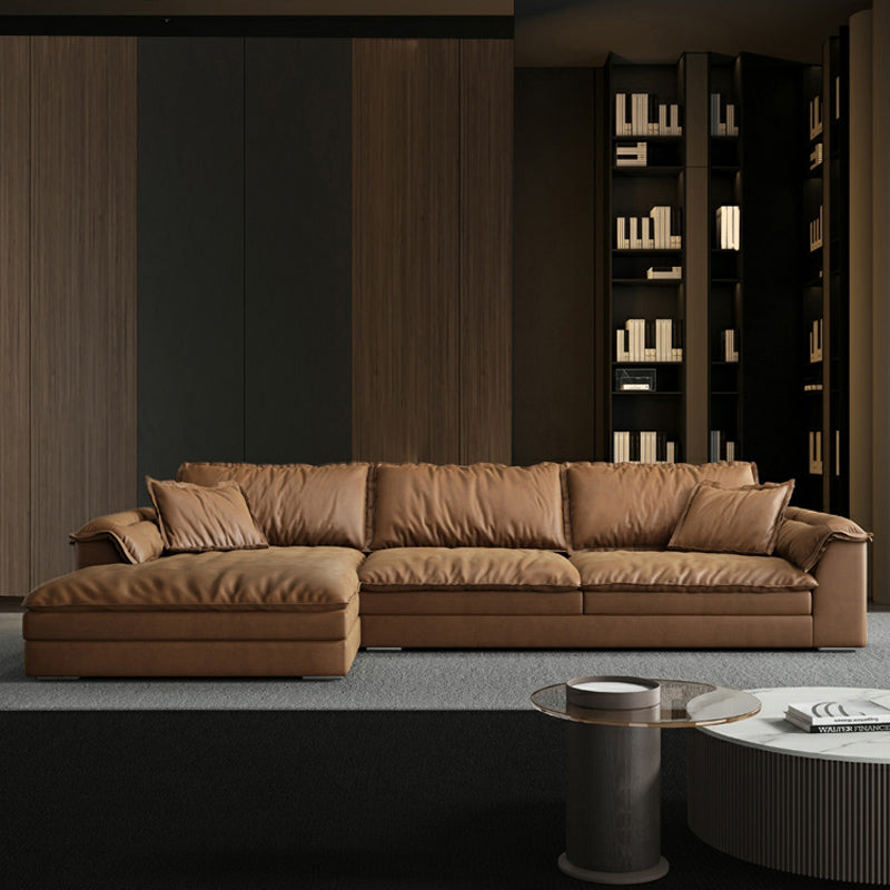 Brown Pillow Top Sofa & Chaise Faux Leather Loose Back Sofa - 30.7" H