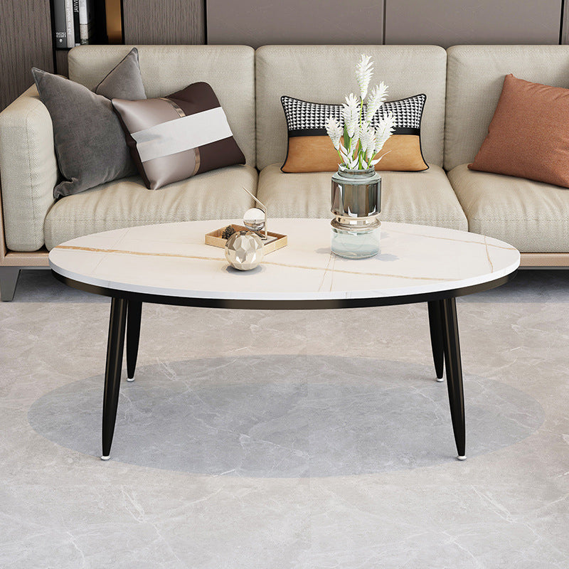 Modern Style Cocktail Table Rock Plate Top Metal Base Round Coffee Table