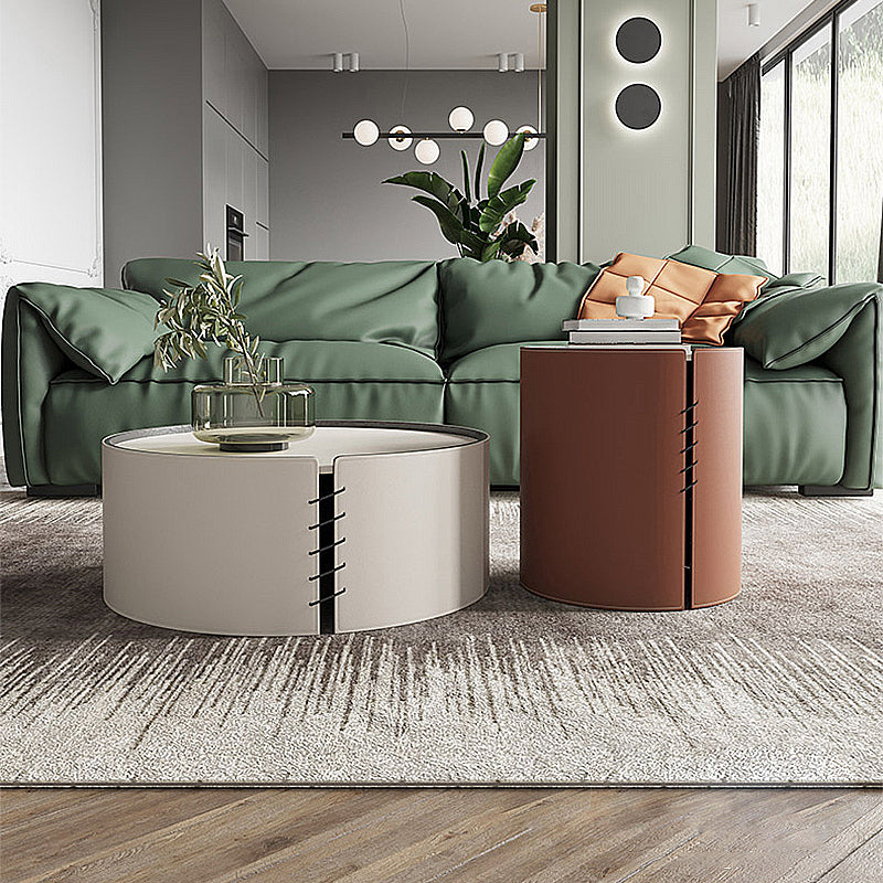 Round White Coffee Table Leather Drum 1 Single Cocktail Table