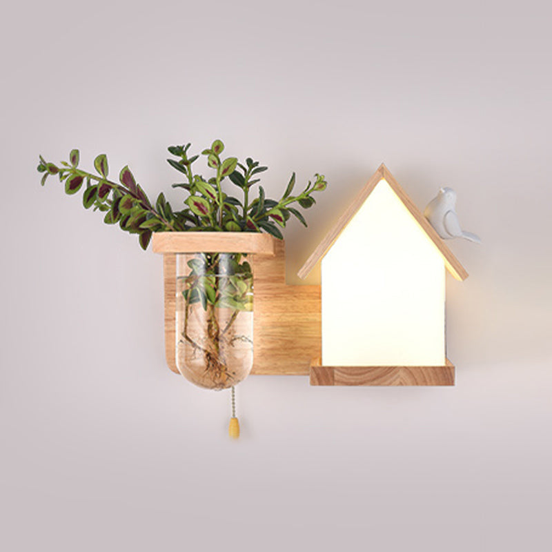 Japanese Style Wooden Wall Lamp Geometry Wall Light for Bedroom (Flowerpot Not Included)