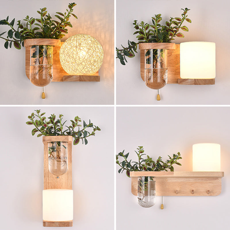 Japanese Style Wooden Wall Lamp Geometry Wall Light for Bedroom (Flowerpot Not Included)