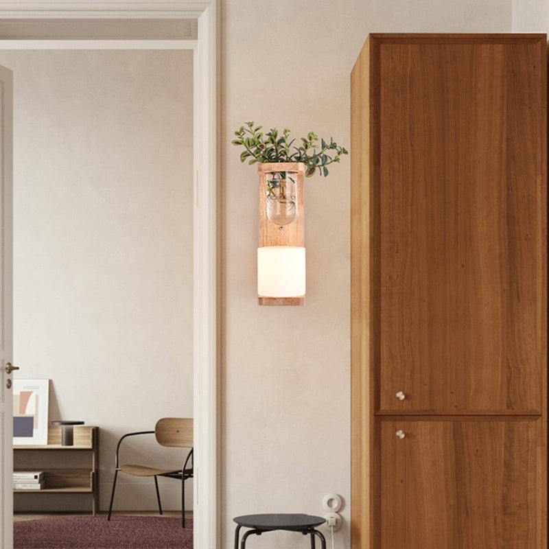 Japanese Style Wooden Wall Lamp Geometry Wall Light for Bedroom (Flowerpot Not Included)