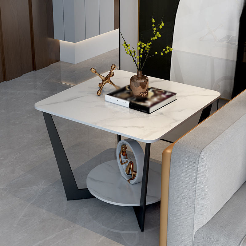 19.6" Tall Metal Cross Legs End Table Faux Marble Square Top Side Table with Shelf