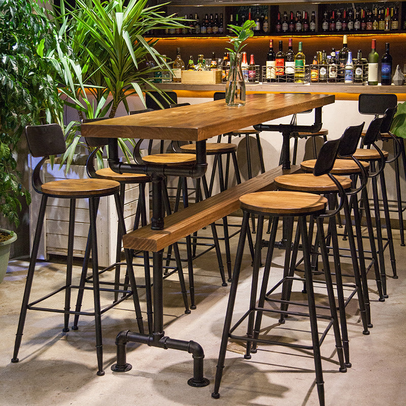 Solid Wood Bar Table Industrial Bar Dining Table with Black Base