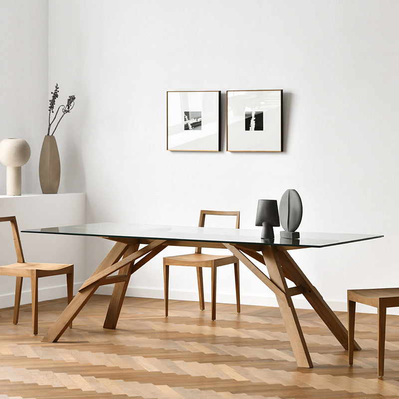 Glass Top Dining Table Modern Dining Table with Solid Wood Base