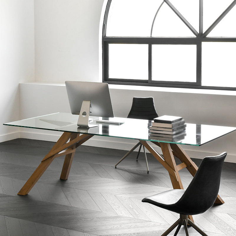 Glass Top Dining Table Modern Dining Table with Solid Wood Base