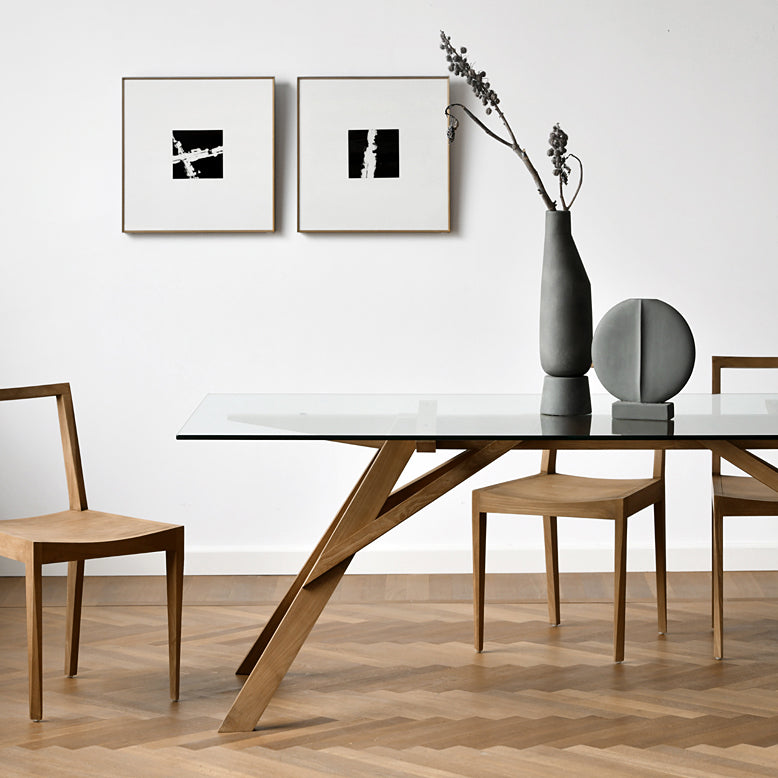 Glass Top Dining Table Modern Dining Table with Solid Wood Base