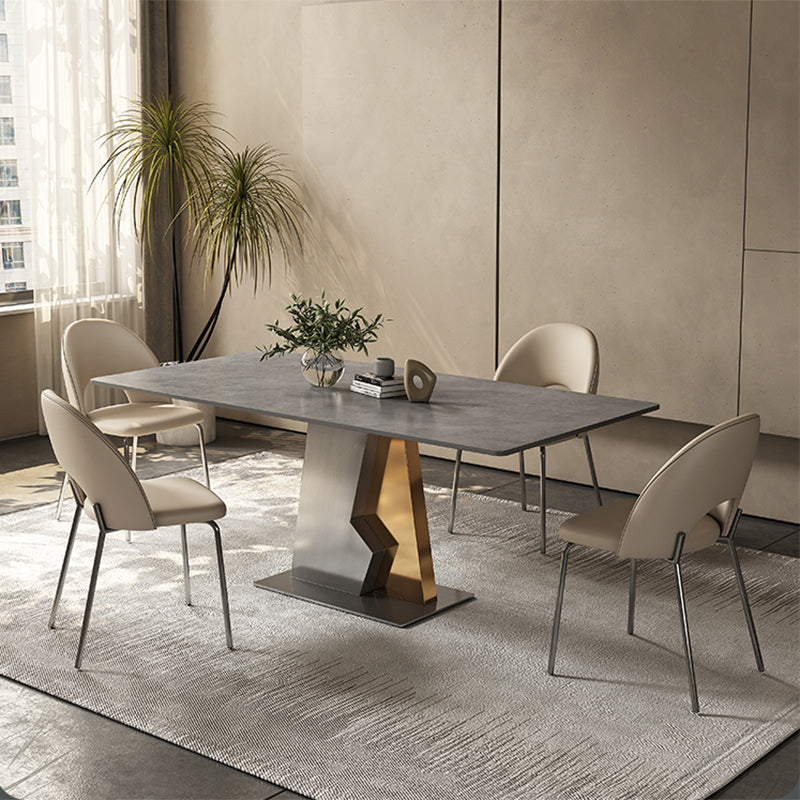 Industrial Sintered Stone Dining Table in Grey Rectangle Dining Table with Pedestal Base