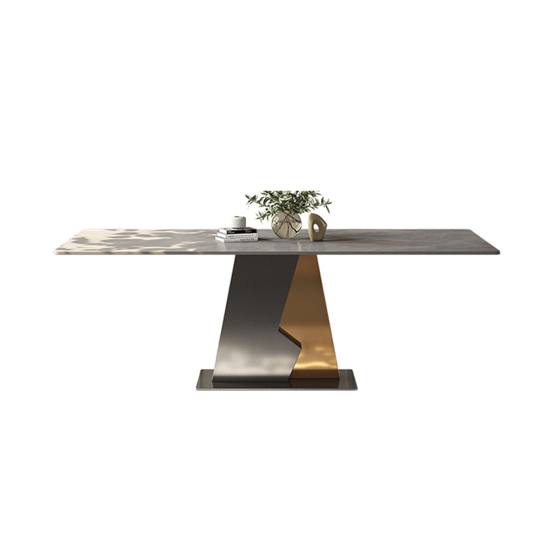 Industrial Sintered Stone Dining Table in Grey Rectangle Dining Table with Pedestal Base