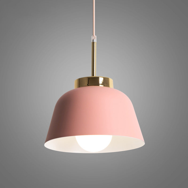 1-Light Dining Room Pendant Macaron Style Pink Finish Hanging Ceiling Lamp with Bowl Iron Shade