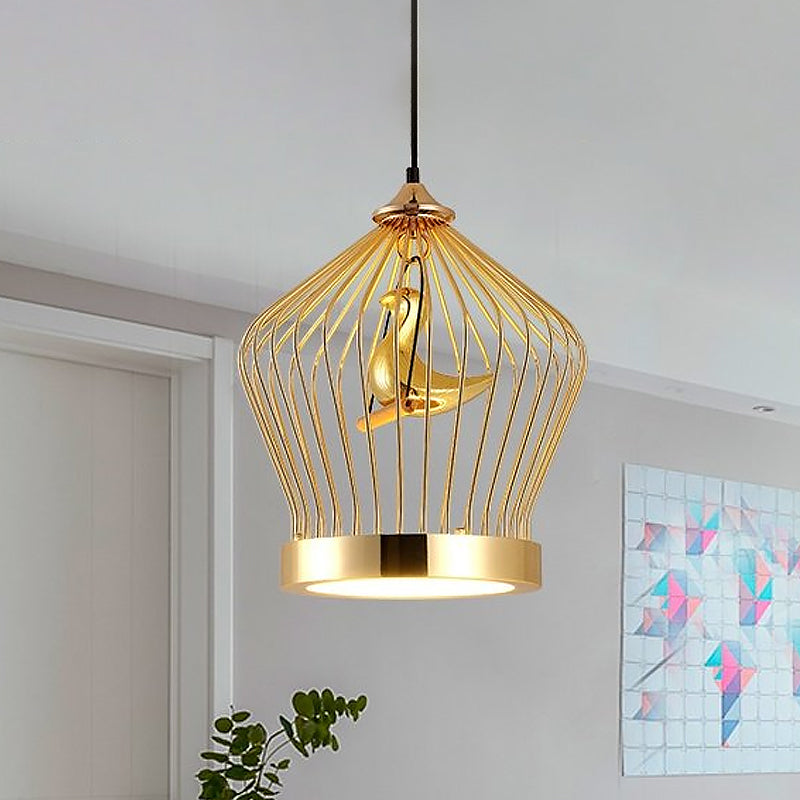 Gold Crown Cage Hanging Lighting Simple 1-Light Metal Ceiling Pendant Lamp with Bird Deco