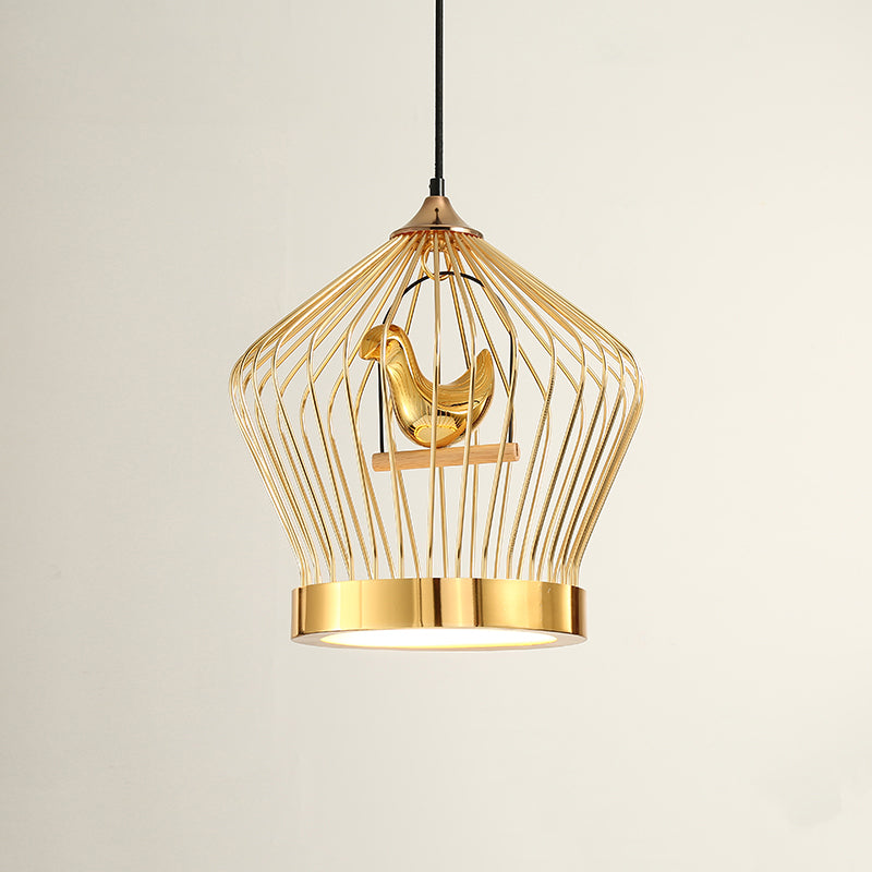 Gold Crown Cage Hanging Lighting Simple 1-Light Metal Ceiling Pendant Lamp with Bird Deco