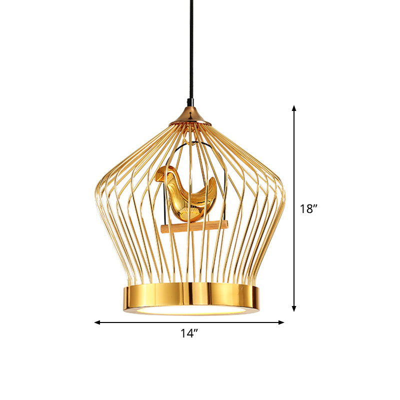 Gold Crown Cage Hanging Lighting Simple 1-Light Metal Ceiling Pendant Lamp with Bird Deco