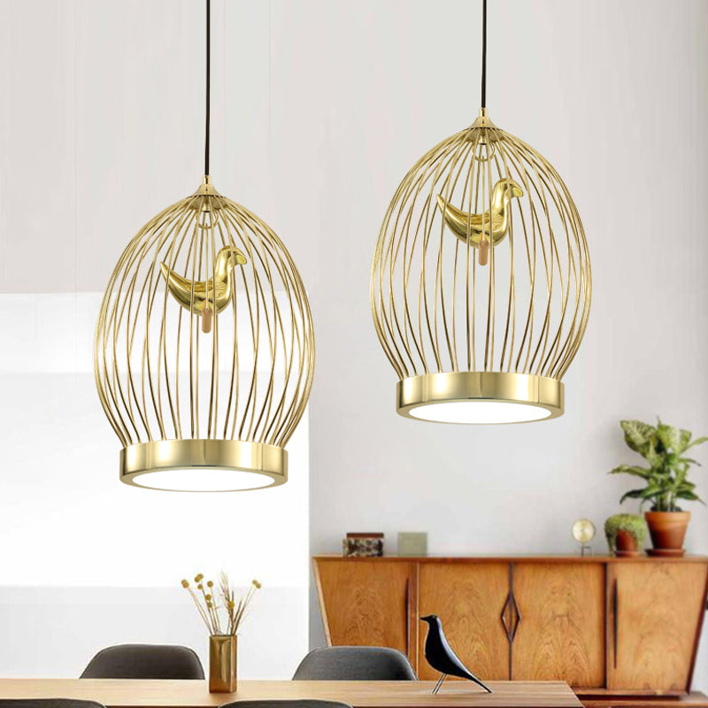 Global Cage Metallic Hanging Light Fixture Modern 1-Head Gold Finish Suspended Pendant Lamp with Bird Deco