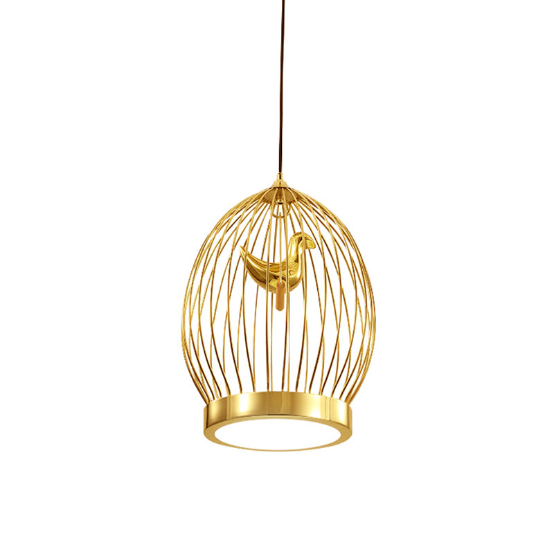 Global Cage Metallic Hanging Light Fixture Modern 1-Head Gold Finish Suspended Pendant Lamp with Bird Deco