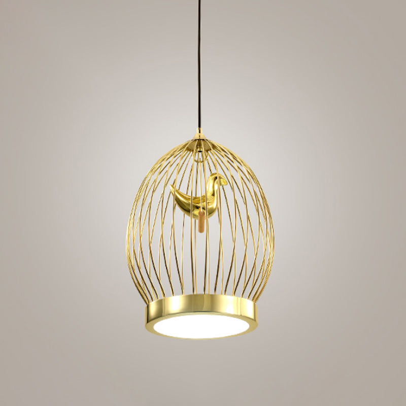 Global Cage Metallic Hanging Light Fixture Modern 1-Head Gold Finish Suspended Pendant Lamp with Bird Deco