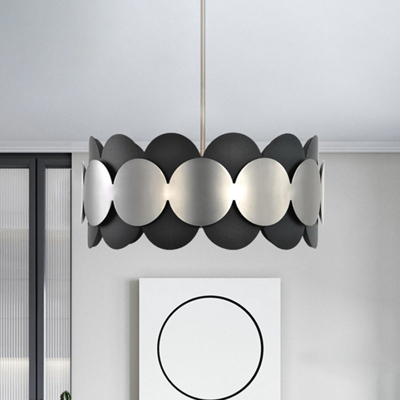 Black Drum Shape Hanging Lighting Modern Nordic 6 Bulbs Metallic Ceiling Chandelier for Bedroom