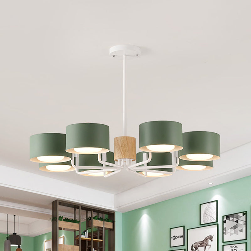 8 têtes salon lustre moderniste gris / vert / blanc finition pendentielle radiale avec ombre en fer à tambour