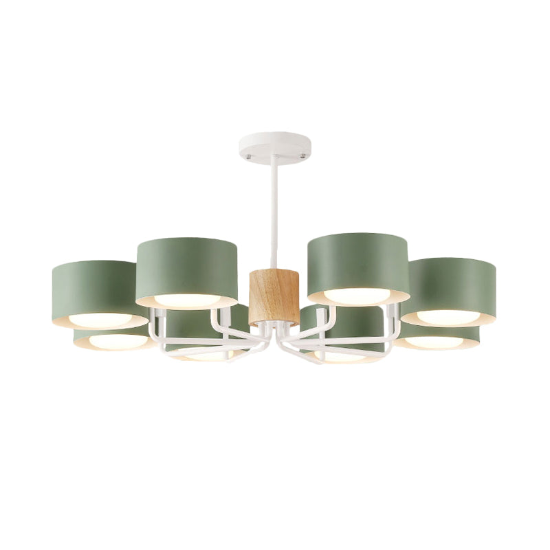 8 têtes salon lustre moderniste gris / vert / blanc finition pendentielle radiale avec ombre en fer à tambour