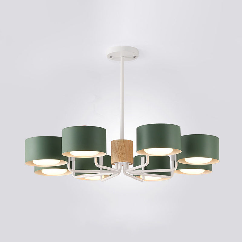 8 Heads Living Room Chandelier Modernist Grey/Green/White Finish Radial Pendant Light with Drum Iron Shade