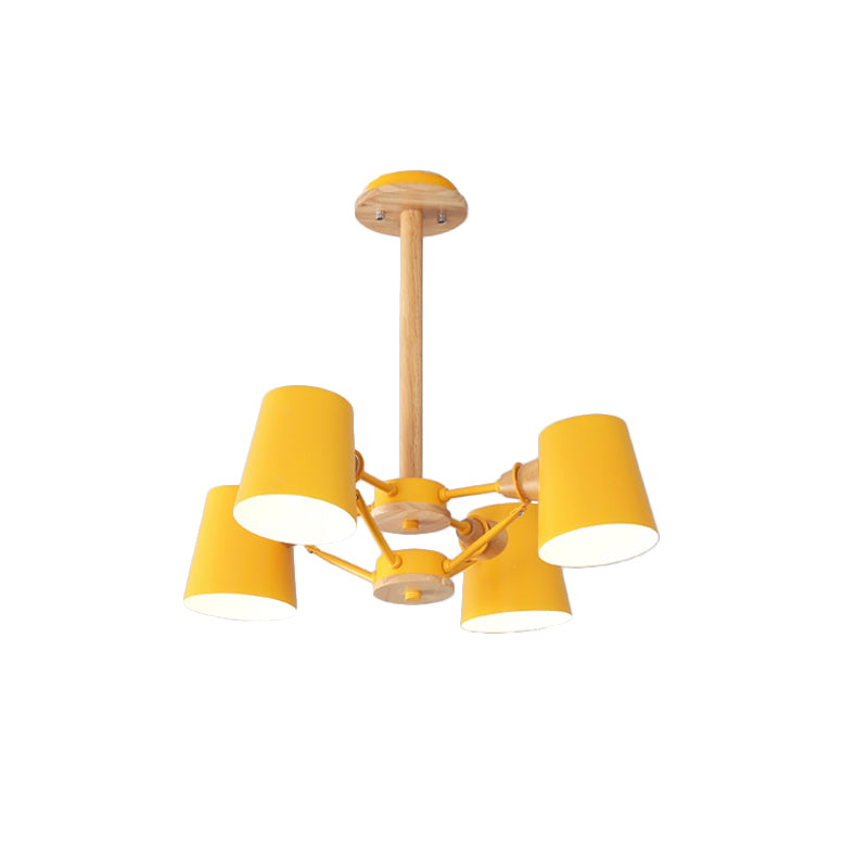 Pink/Yellow Barrel Semi Flush Lighting Macaron 4-Light Metal Flush Mounted Ceiling Lamp with Wood Rod