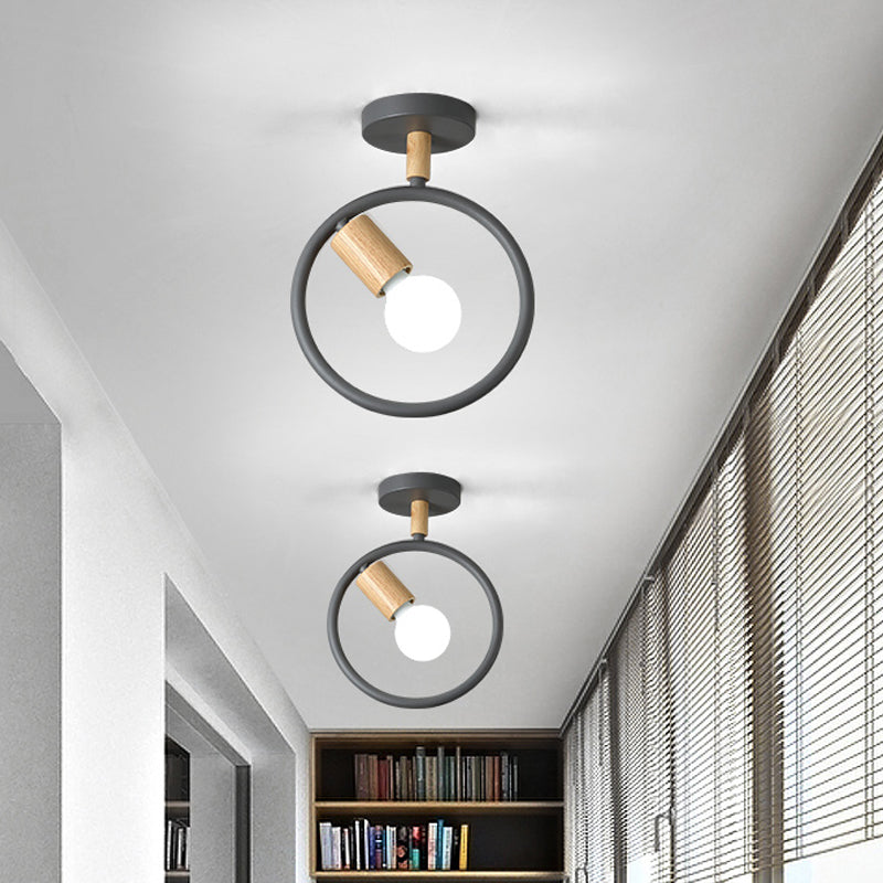 Circle Metal Flushmount Lighting Simple 1 Bulb Grey/Green/White Semi Close to Ceiling Lamp with Tube Wood Arm