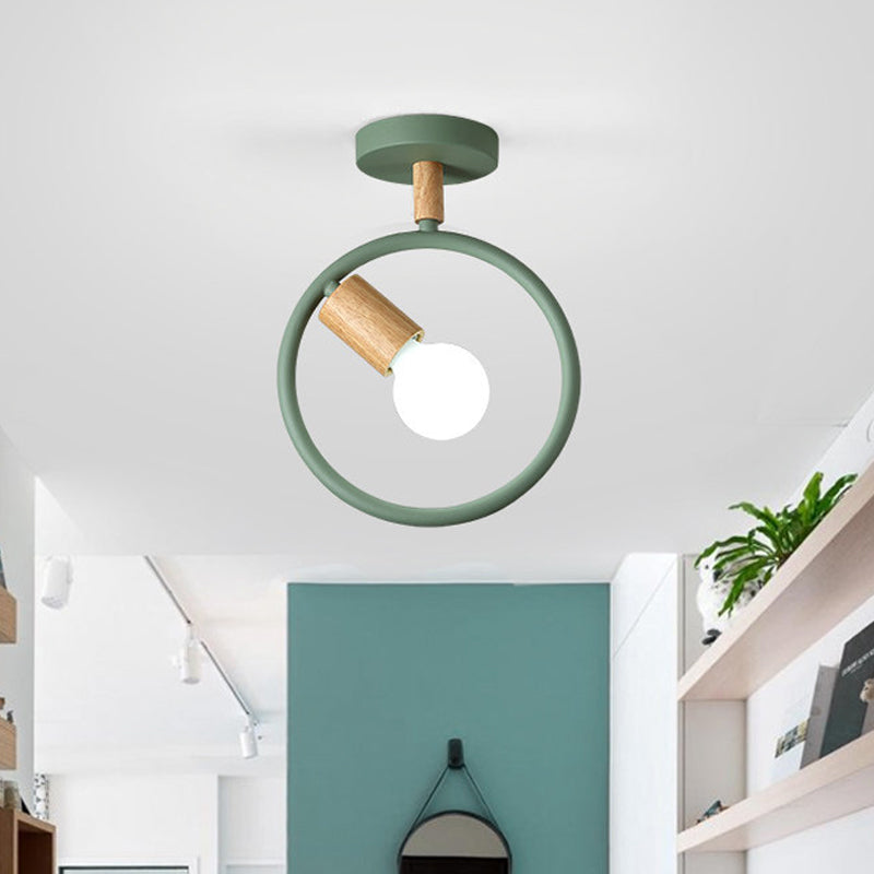 Circle Metal Flushmount Lighting Simple 1 Bulb Grey/Green/White Semi Close to Ceiling Lamp with Tube Wood Arm