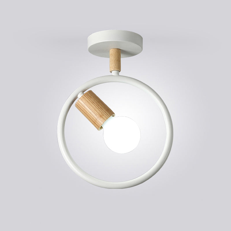 Circle Metal Flushmount Lighting Simple 1 Bulb Grey/Green/White Semi Close to Ceiling Lamp with Tube Wood Arm