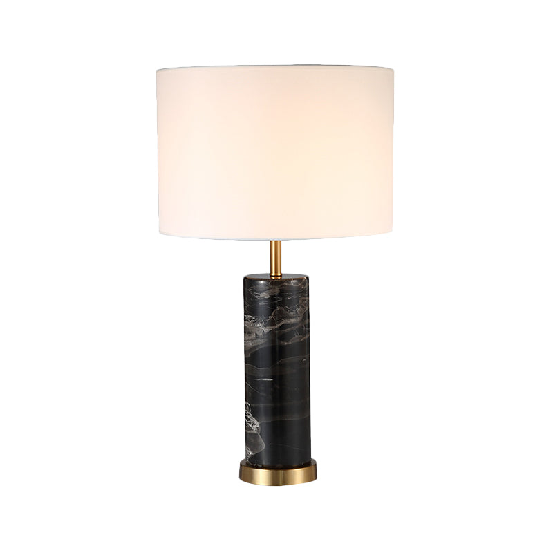 Weißes Zylinder Task Light Nordic 1 Lampen -Stoff -Nachttischlampe mit schwarzer Marmorbasis