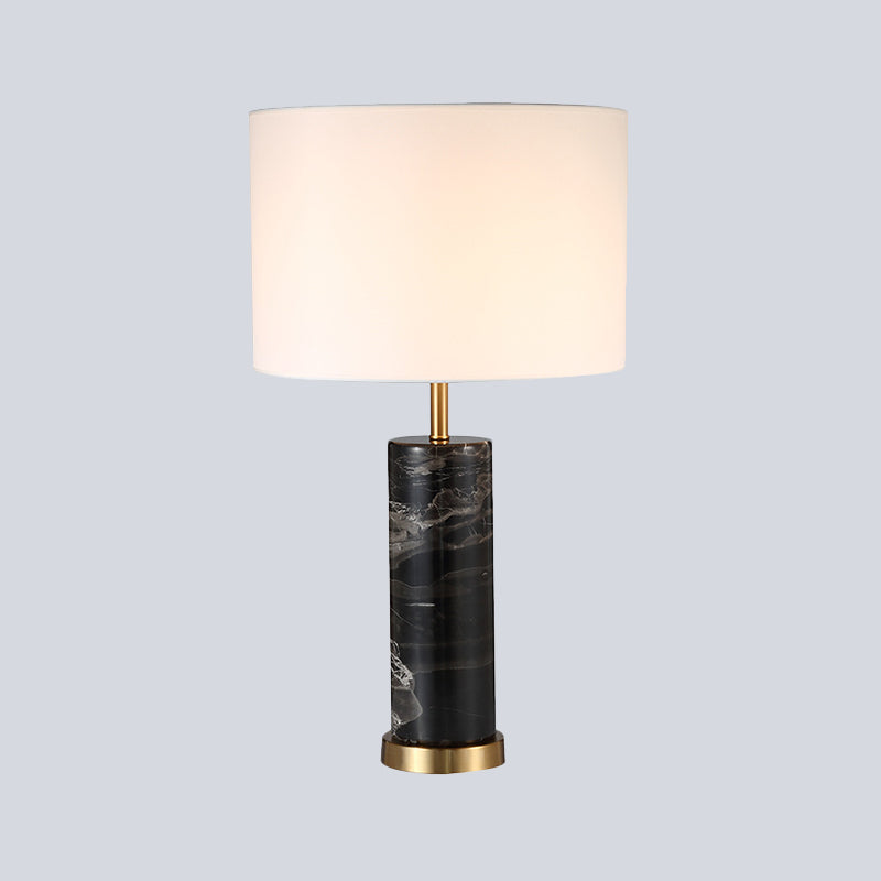 Weißes Zylinder Task Light Nordic 1 Lampen -Stoff -Nachttischlampe mit schwarzer Marmorbasis
